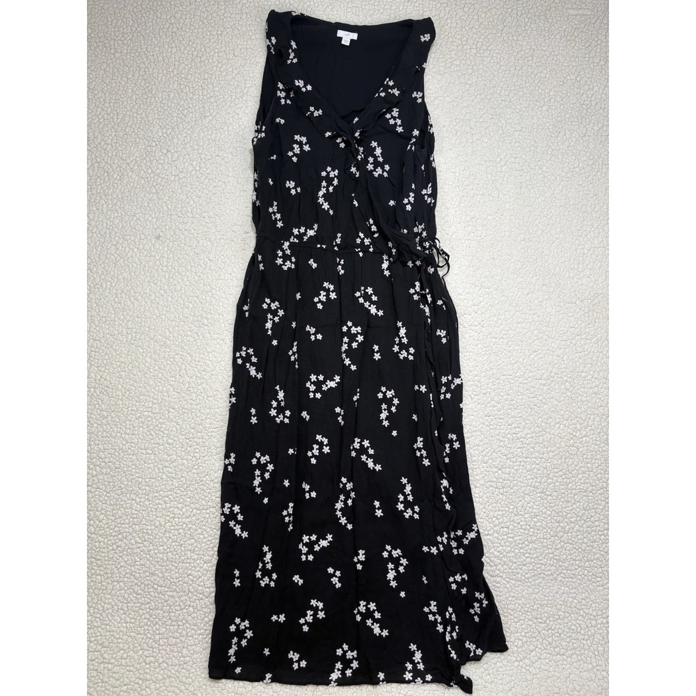J. Jill Black Floral Faux Wrap Ruffle Sleeveless Maxi Dress Size Large Petite